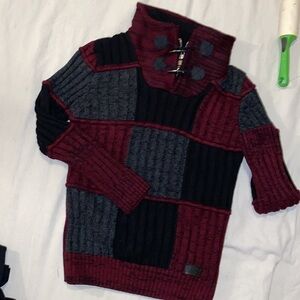 Red and Black Turtleneck Sweater with Chunky Knit and High Collar
